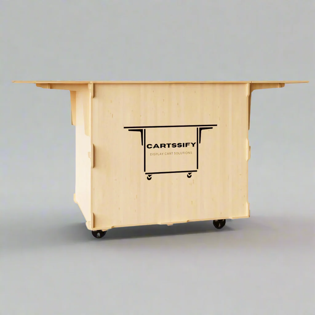 Front view of a mobile coffee cart showcasing a foldable worktop, large storage space, and sturdy design for versatile coffee service.