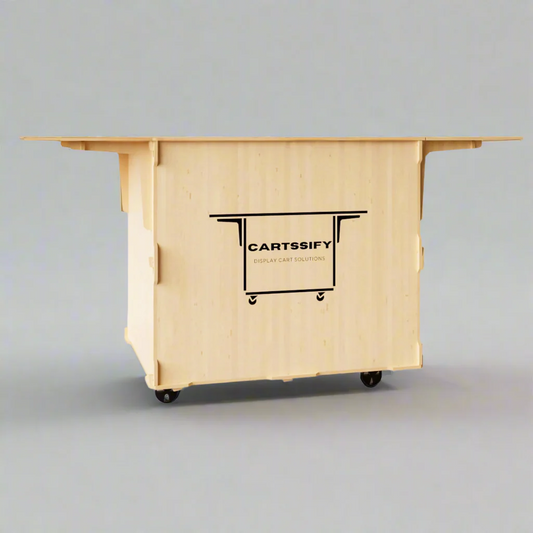 Front view of a mobile coffee cart showcasing a foldable worktop, large storage space, and sturdy design for versatile coffee service.