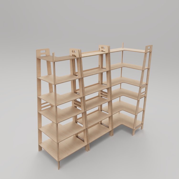 Fully assembled Modular Shelving System displaying a complete setup with standard, inside corner, and outside corner modules, providing a customizable and versatile retail display solution.