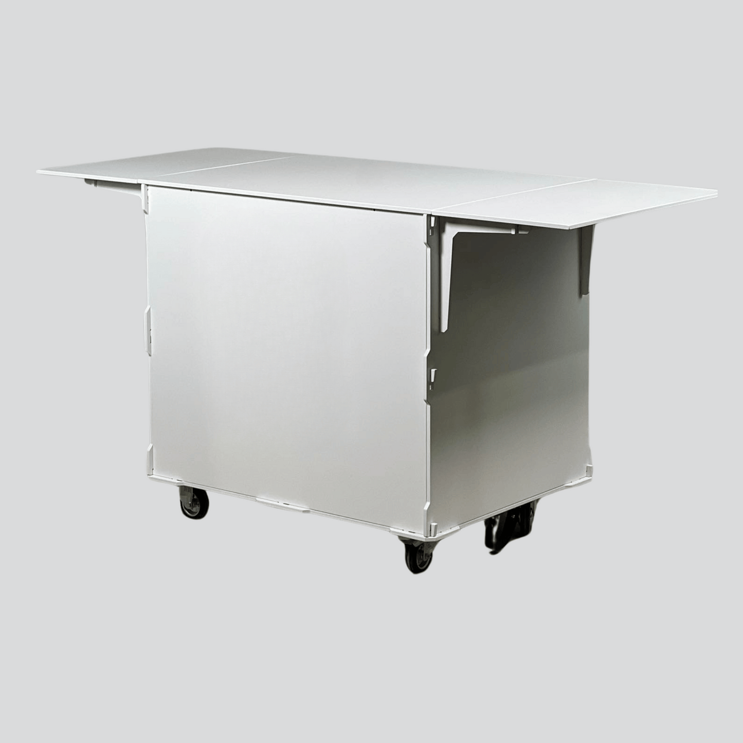 Side view of a mobile coffee cart with a foldable worktop and wheels for easy mobility, designed for baristas and coffee vendors