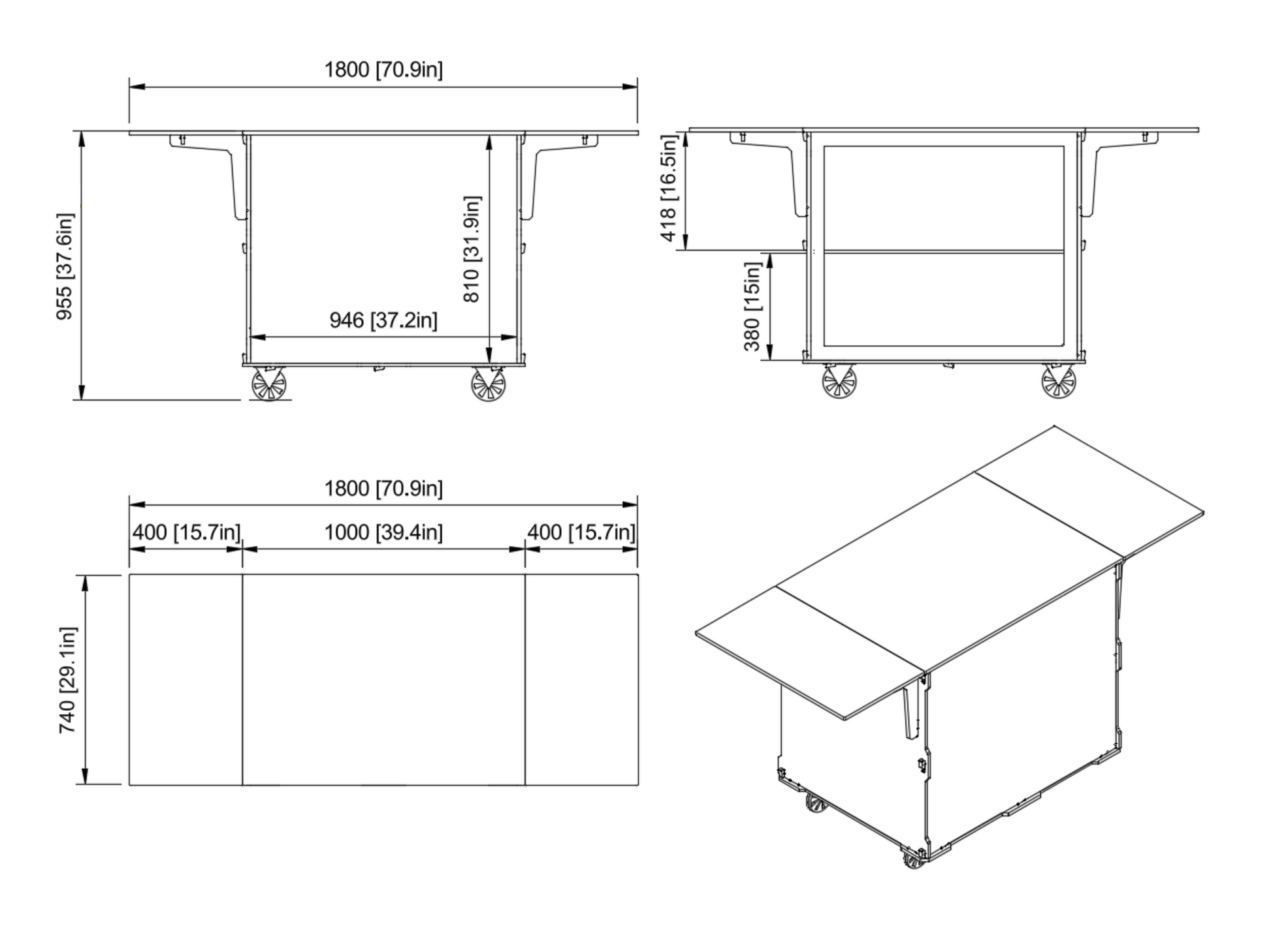 Technical drawing of a mobile coffee cart, detailing dimensions including worktop length, storage space, and overall height and width