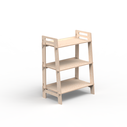 Angled view of the bottom unit of a modular shelving system, demonstrating the durable design and shelf spacing.