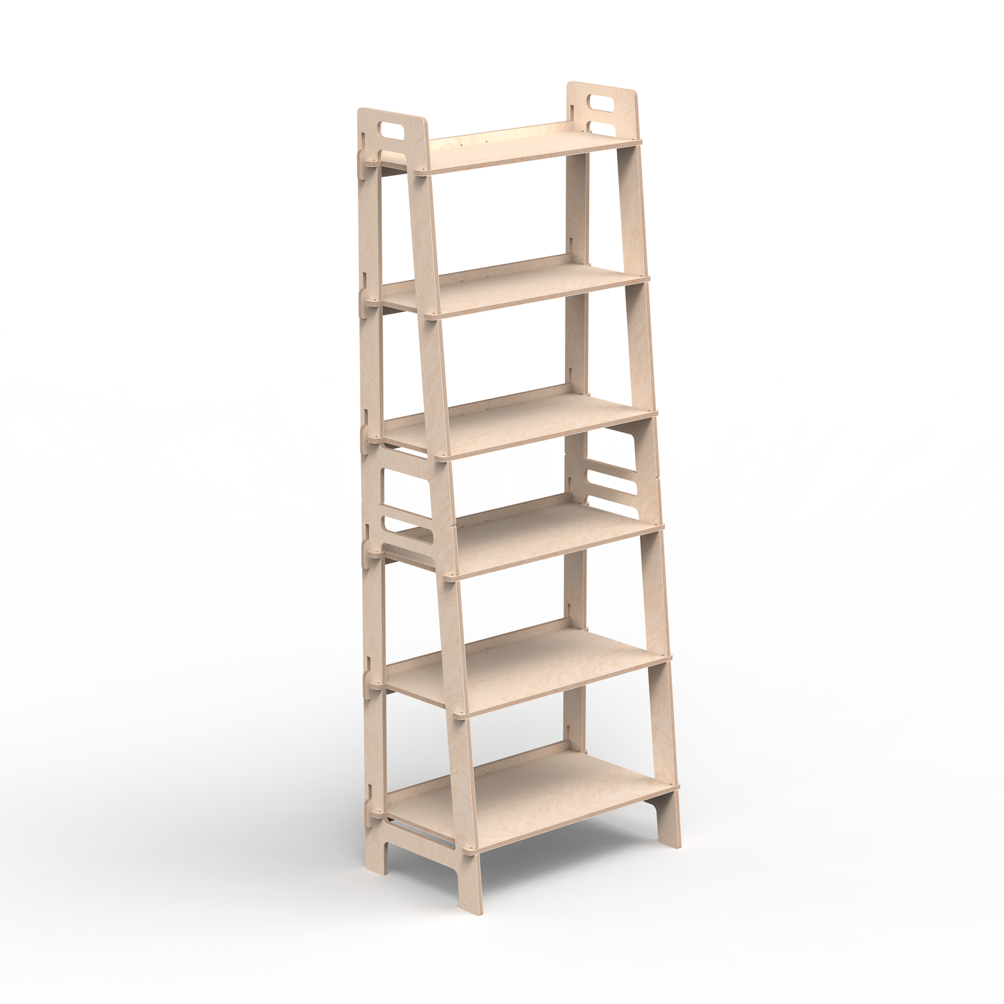 Side view of a fully assembled modular shelving system, showing the seamless connection between top and bottom units