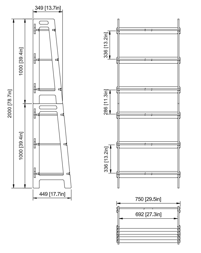 Technical drawing of a modular shelving system, detailing dimensions for height, width, depth, and shelf spacing