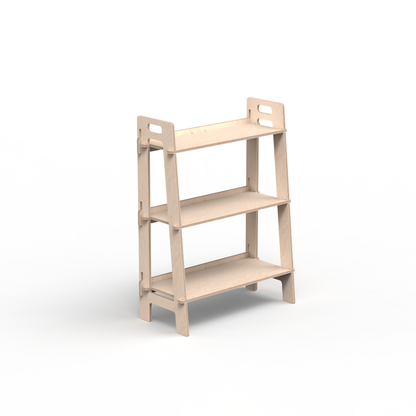 Side view of the top unit in a modular shelving system, featuring a slim design and flexible shelf spacing