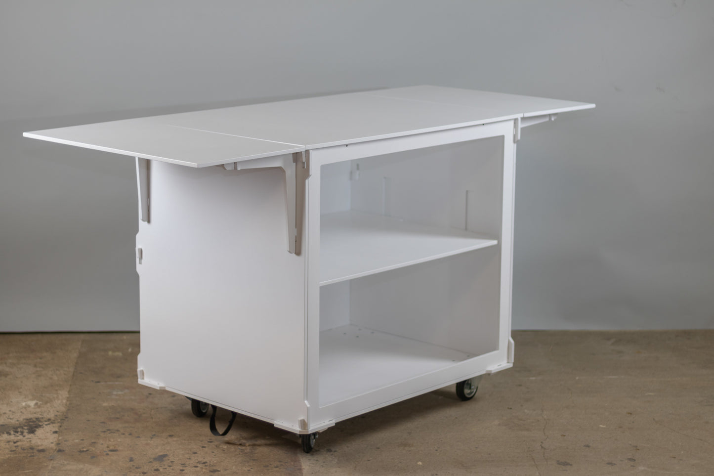 Back view of the mobile coffee cart showing the internal shelf, ideal for storing coffee supplies and equipment