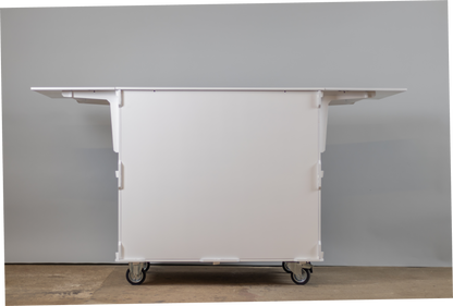 Front view of a mobile coffee cart showcasing a foldable worktop, large storage space, and sturdy design for versatile coffee service